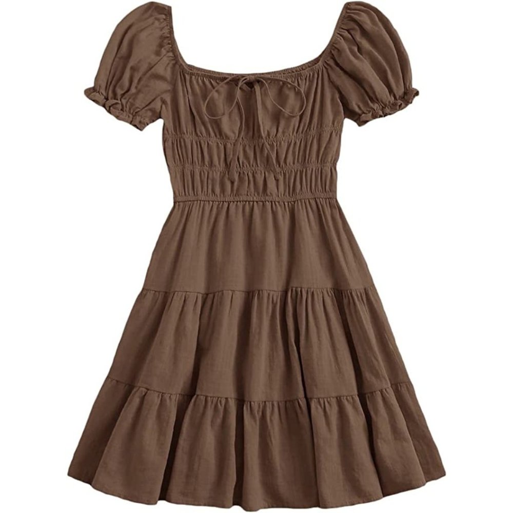 Brown Puff Sleeve Mini Dress